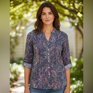 Ruby Rd. Blue Floral Button Down Pleated Peasant Blouse, NEW, Size PS, Boho